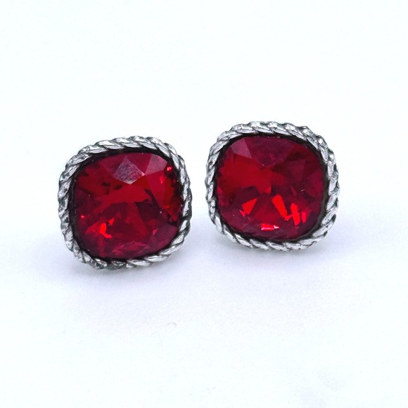 Jewelry - Sparkling Red Square Crystal Stud Earrings Silver Tone Twisted Rope Border